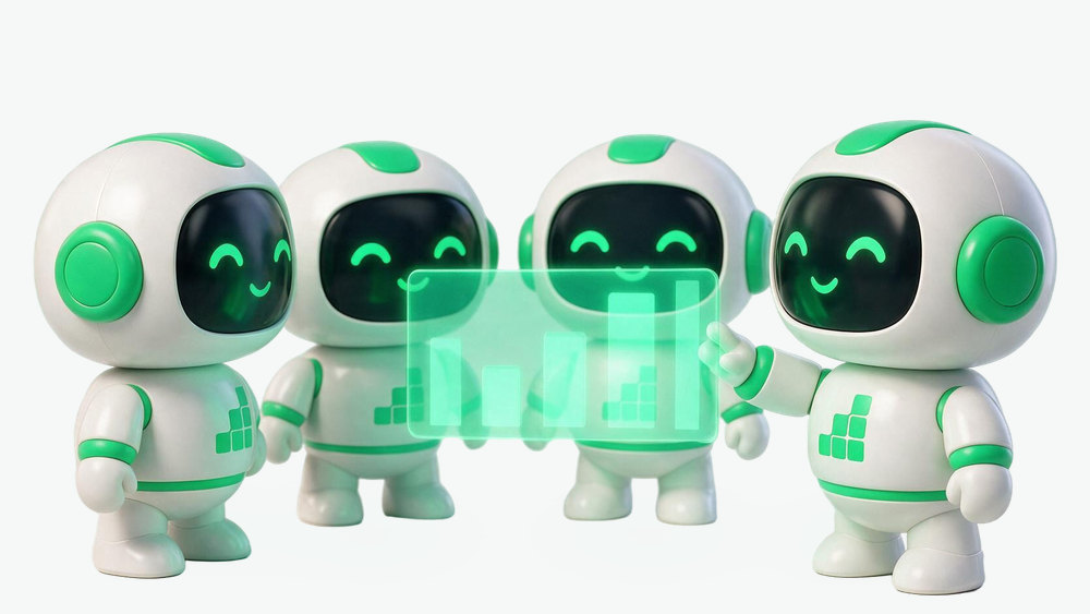 Quatro robôs da Lara em pé, em semicírculo, analisando juntos um gráfico holográfico entre eles