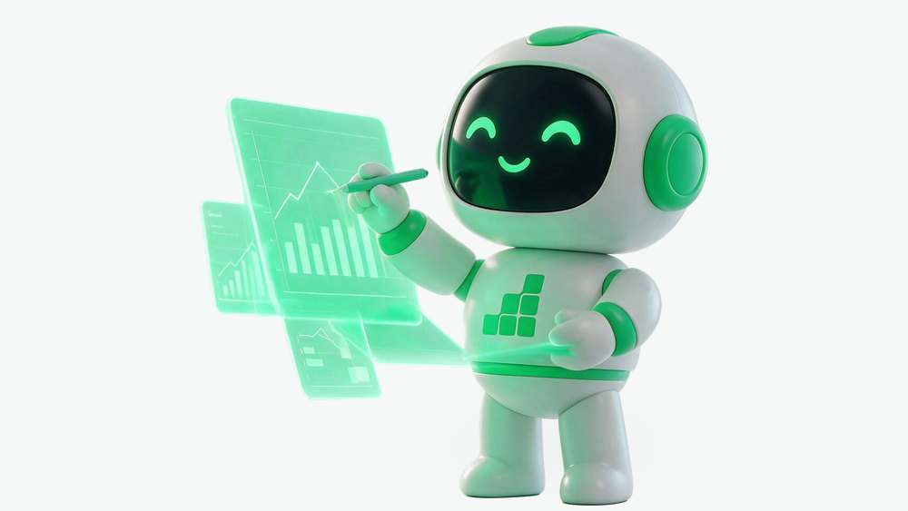 Robô da Lara desenhando com uma caneta num painel de dashboard holográfico que flutua à sua frente